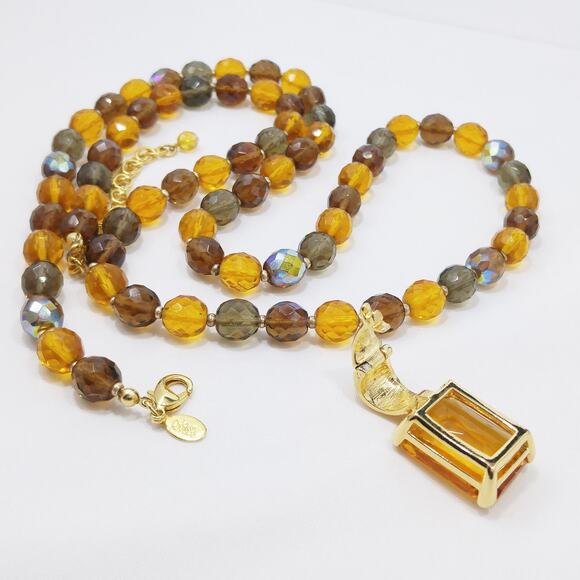 Joan Rivers Long Beaded Necklace Amber Crystal Pendant Gold Tone 38” Vintage - Picture 7 of 10